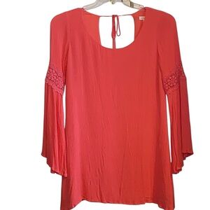 Double Zero coral embroidered lace bell sleeve Boho western linen shift dress